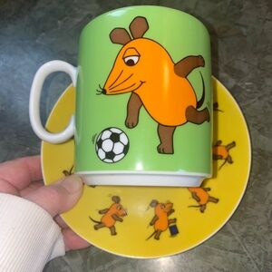Thomas Rosenthal Mug Cup Saucer Germany Leo Mouse Soccer Bright Colors 10 ounce